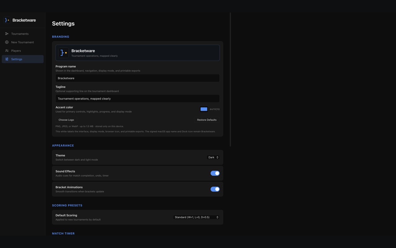 Bracketware branding settings with controls for program name, tagline, accent color and custom logo