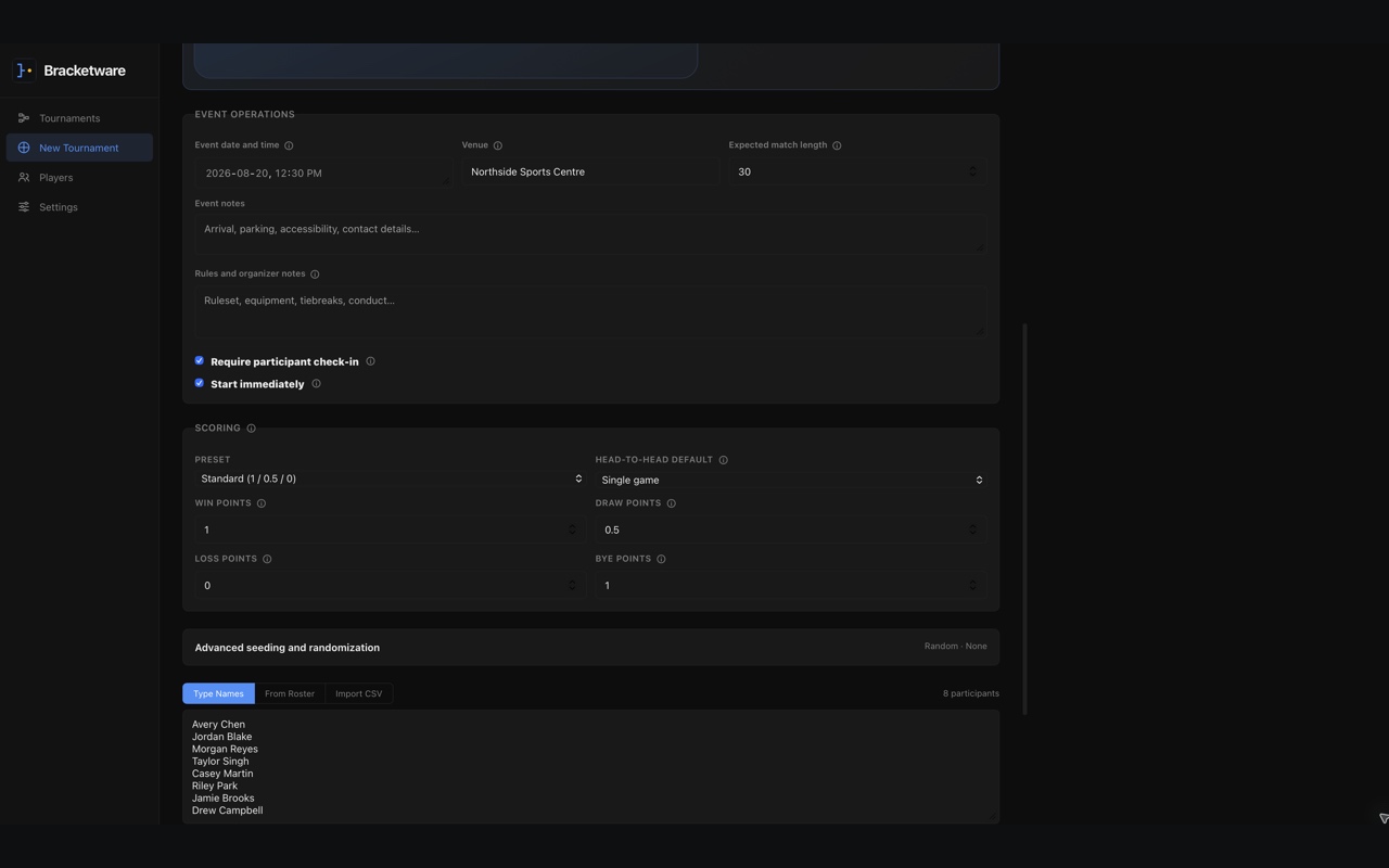 Create Tournament screen with format, scoring, seeding and participant controls